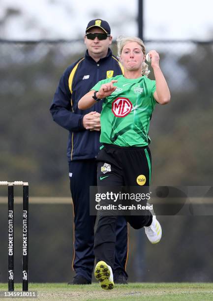 Sophie Day of the Melbourne Stars bowls during a WBBL practice match at Kingston Twin Ovals, Kingston on October 11, 2021 in Hobart, Australia.