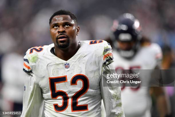 Outside linebacker Khalil Mack of the Chicago Bears walks off the field after a game against the Las Vegas Raiders at Allegiant Stadium on October...