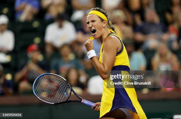 Victoria Azarenka of Belarus celebrates match point against Petra Kvitova of the Czech Republic during their third round match on Day 7 of the BNP...