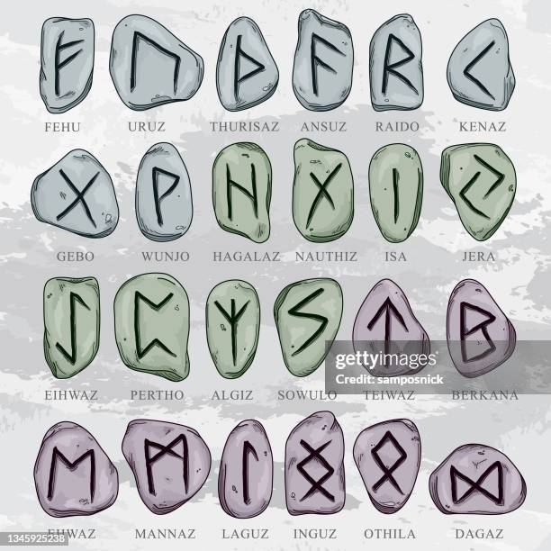 set of illustrated line art nordic runes on stone - rune symbols stock illustrations