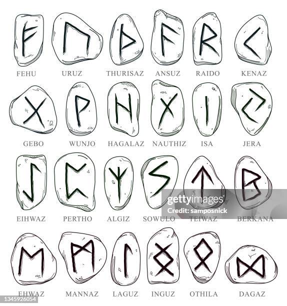 stockillustraties, clipart, cartoons en iconen met set of illustrated line art nordic runes on stone - amethyst