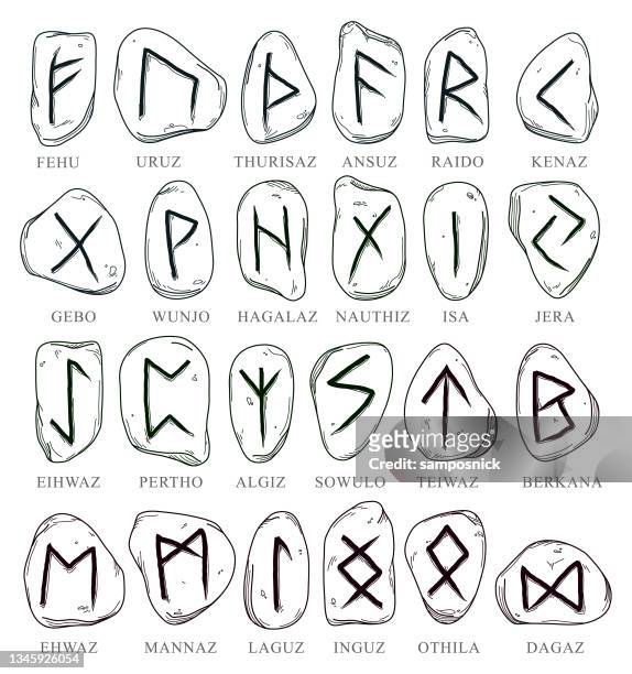 bildbanksillustrationer, clip art samt tecknat material och ikoner med set of illustrated line art nordic runes on stone - scandinavian culture