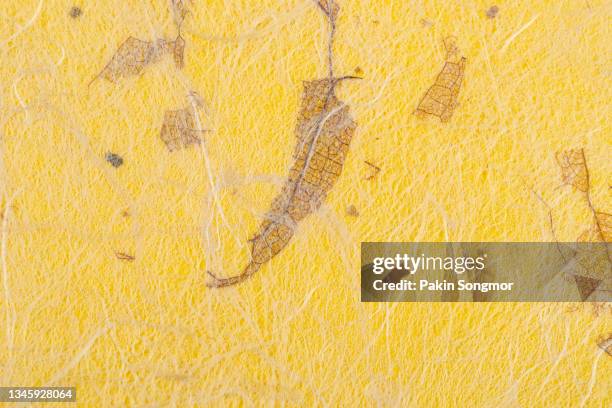 yellow color mulberry paper texture background, handmade recycled flower and leaf paper background. - handgemaakt papier stockfoto's en -beelden