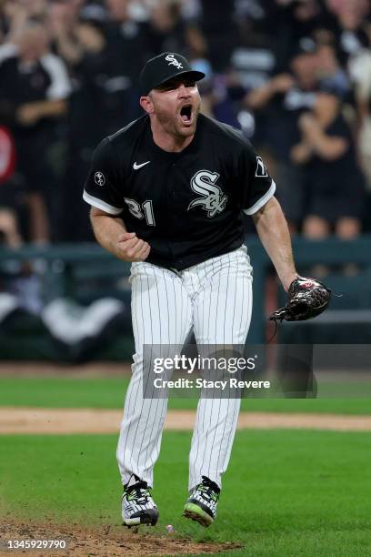 Liam Hendriks of the Chicago White Sox reacts after a win over the Houston Astros in game 3 of the American League Division Series at Guaranteed Rate...