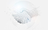Businessmen shaking hands on a world map. Low polygon line, triangles, and particle style design. Abstract geometric wireframe light connection structure