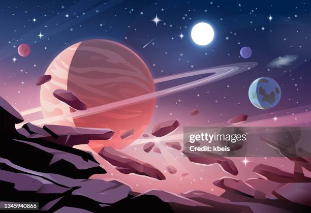 asteroids in front of gas giant - galaxy space explore stock illustrations