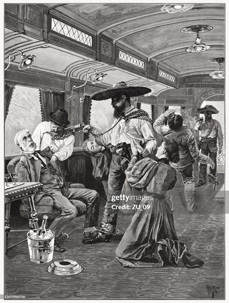 Robbers raid an American railroad train, wood engraving, published 1897
