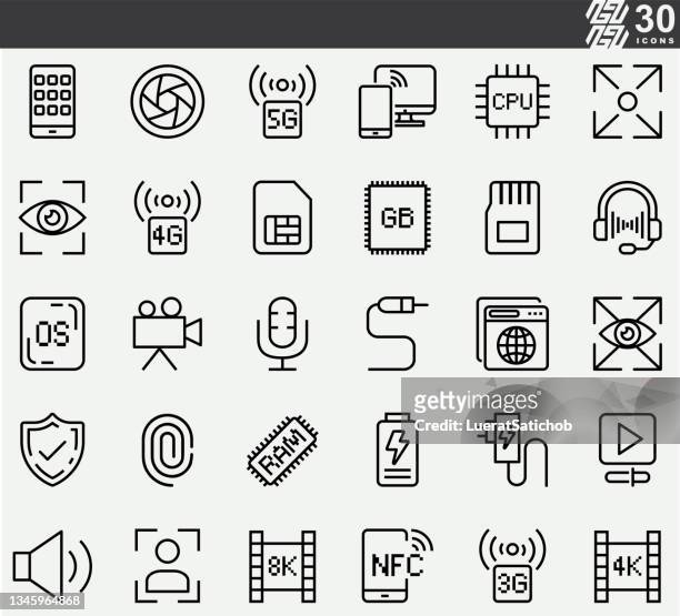 illustrazioni stock, clip art, cartoni animati e icone di tendenza di icone della linea componenti per dispositivi mobili - sistema operativo