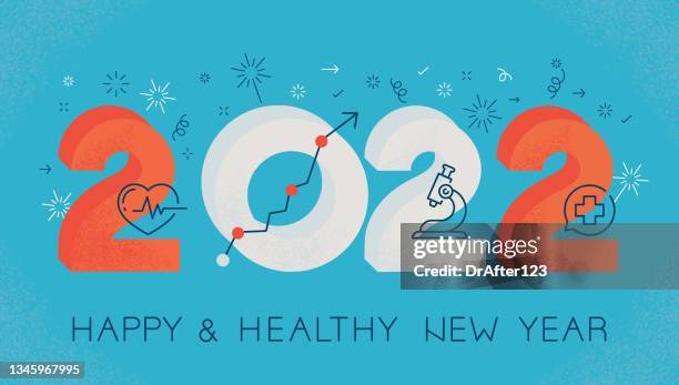 happy and healthy new year 2022 - introduction to modern pharamceutical biotechnology stock illustrations