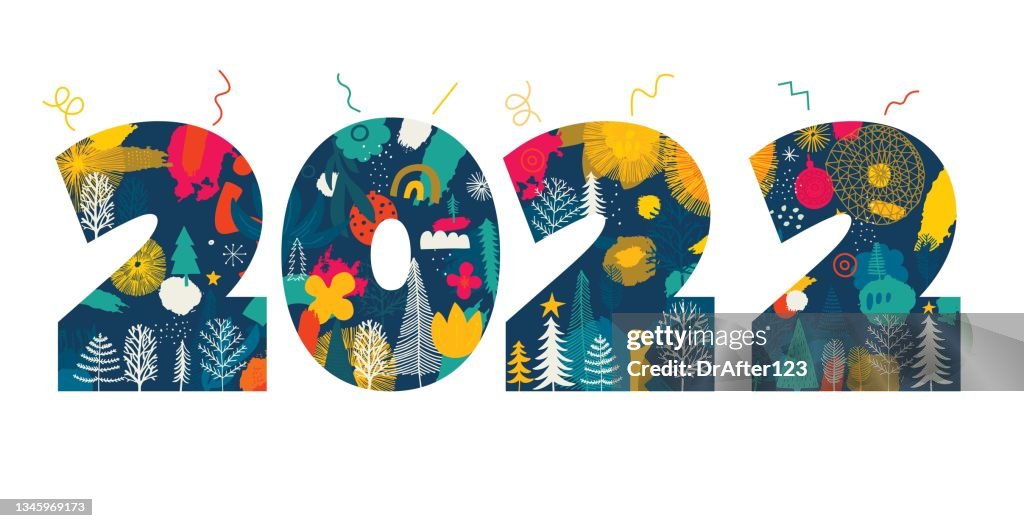 2022 Happy New Year Hand Drawn Decorated Numbers