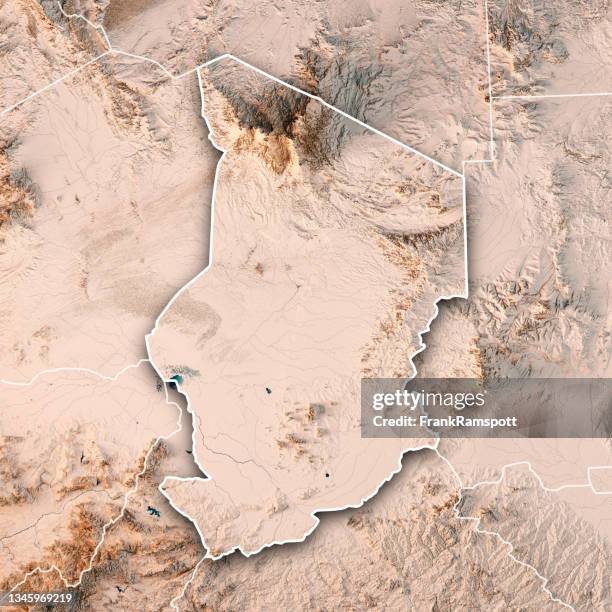 chad 3d render topographic map neutral border - sahel stock pictures, royalty-free photos & images