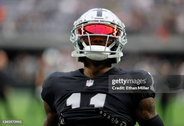 Wide receiver Henry Ruggs III of the Las Vegas Raiders warms up before a game against the Chicago Bears at Allegiant Stadium on October 10, 2021 in...