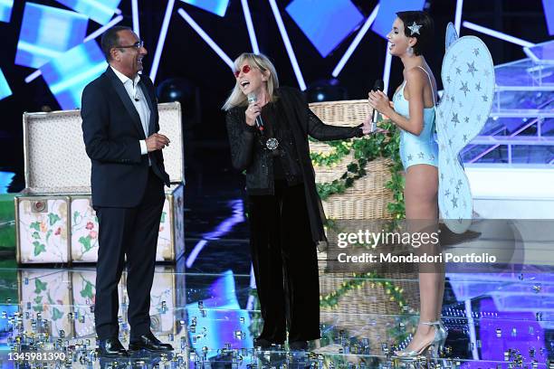 Carlo Conti, Daniela Goggi and Federica Nargi during the fourth episode of the broadcast Tale e Quale show. Rome , October 08th, 2021