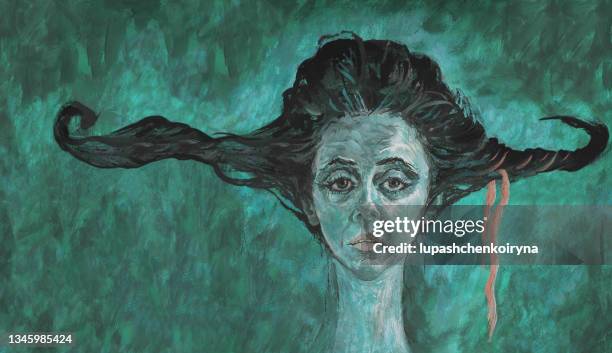 illustrations, cliparts, dessins animés et icônes de illustration peinture à l’huile portrait d’une fille aux longs cheveux noirs avec un ruban brillant dans les cheveux sur un fond vert foncé - sad girl drawing