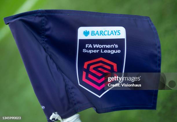 Corner flag with the Barclays FA Women"u2019s Super League logo on during the Barclays FA Women's Super League match between Manchester United Women...