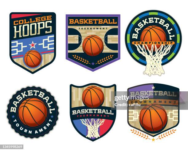 ilustraciones, imágenes clip art, dibujos animados e iconos de stock de insignia y escudo con el logotipo del torneo de baloncesto - basket ball