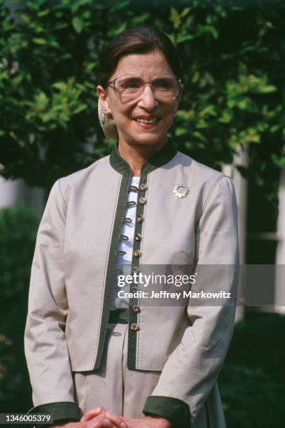 Portrait of newly confirmed US Supreme Court Justice Ruth Bader Ginsburg as she speaks to the press in the Rose Garden at the White House.