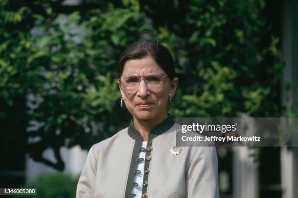 Portrait of newly confirmed US Supreme Court Justice Ruth Bader Ginsburg as she speaks to the press in the Rose Garden at the White House.