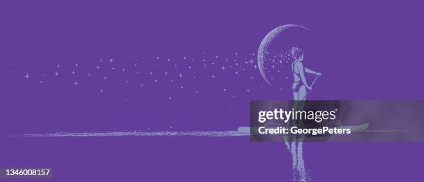 woman paddleboarding by moonlight - paddleboarding stock illustrations