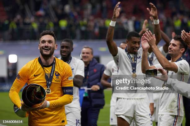 Hugo Lloris of France celebrate after winning during the UEFA Nations League 2021 Final match between Spain and France at the Giuseppe Meazza Stadium...