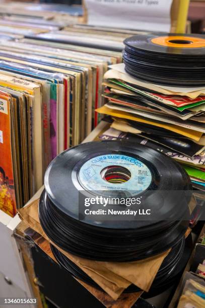 Massapequa Park, N.Y.: A stack of vinyl records at Infinity Records in Massapequa Park, New York on Sept. 23, 2021.