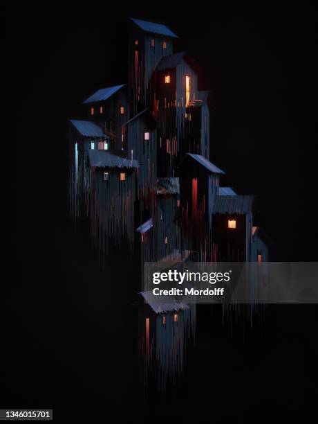 3d digital generiertes bild, gruppe gotischer häuser auf schwarzem hintergrund - creepy house at night stock-fotos und bilder