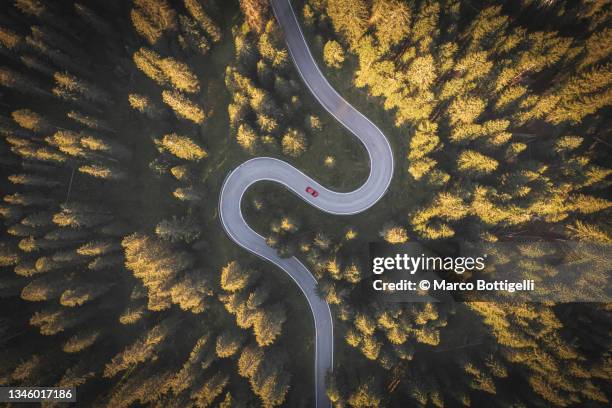 car driving on winding mountain road. overhead view. - straßenverkehr stock-fotos und bilder