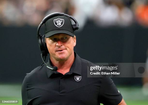 Head coach Jon Gruden of the Las Vegas Raiders reacts during a game against the Chicago Bears at Allegiant Stadium on October 10, 2021 in Las Vegas,...