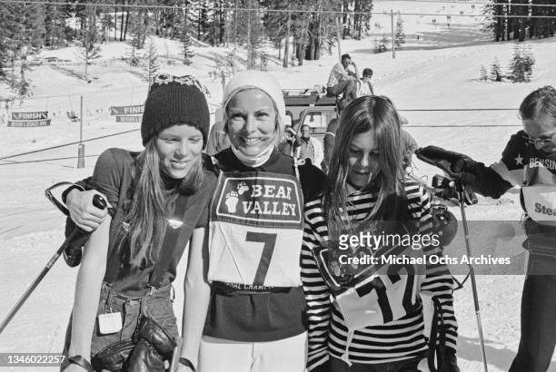 American actress Janet Leigh with her daughters Kelly Curtis and Jamie Lee Curtis at a Benson & Hedges celebrity ski race in Bear Valley, California,...