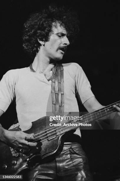 Bass guitarist Felix Pappalardi of American rock band Mountain performing at the Woodstock Music and Art Fair in Bethel, New York State, USA, August...