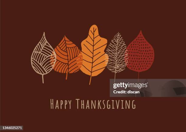 happy thanksgiving karte mit herbstlaub. - fall harvest stock-grafiken, -clipart, -cartoons und -symbole