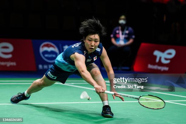 Akane Yamaguchi of Japan competes in the Women's Single match against Yvonne Li of Germany during day three of the Thomas & Uber Cup on October 11,...