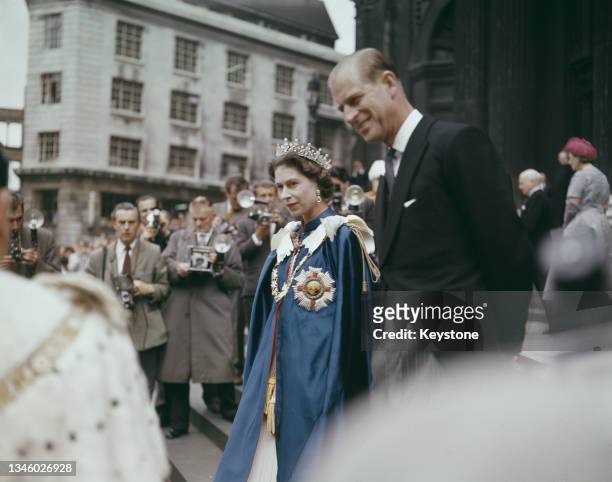 Queen Elizabeth II and Prince Philip, Duke of Edinburgh leaving St Paul's Cathedral in London after attending the annual service of the Order of St...