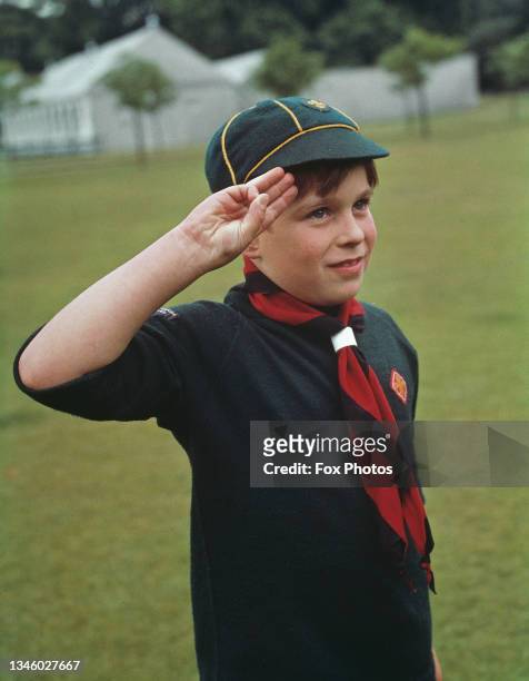 Prince Andrew wearing his Cub Scout uniform at Buckingham Palace in London, UK, July 1968.