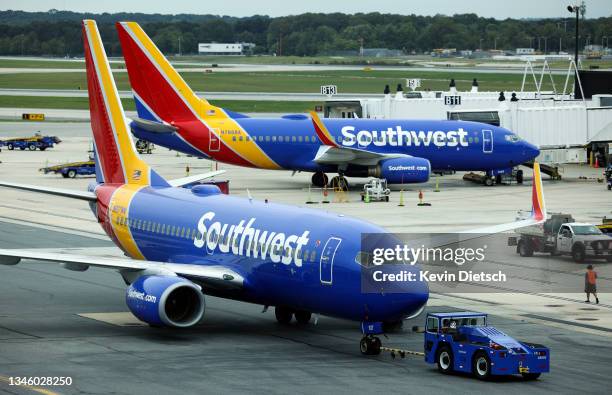 Southwest Airlines airplane taxies from a gate at Baltimore Washington International Thurgood Marshall Airport on October 11, 2021 in Baltimore,...