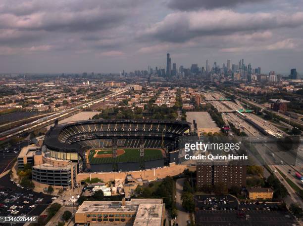 In this aerial view from a drone, Guaranteed Rate Field is seen as game 4 of the American League Division game between the Chicago White Sox and the...