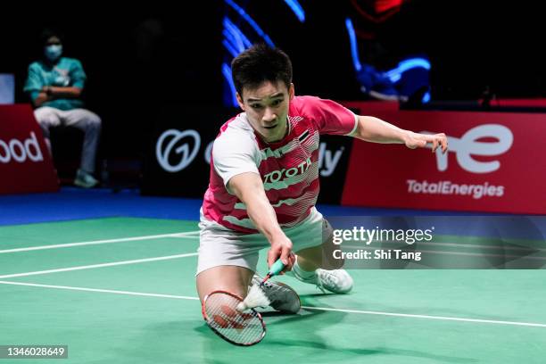 Kantaphon Wangcharoen of Thailand competes in the Men's Single match against Anthony Sinisuka Ginting of Indonesia during day three of the Thomas &...