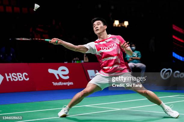 Kantaphon Wangcharoen of Thailand competes in the Men's Single match against Anthony Sinisuka Ginting of Indonesia during day three of the Thomas &...