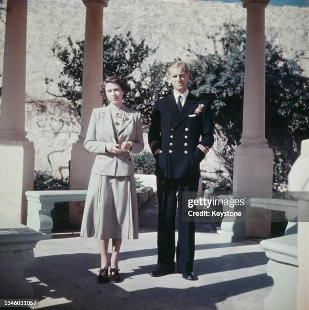 Princess Elizabeth and her husband Prince Philip, Duke of Edinburgh at the Villa Guardamangia in Malta, where he is stationed with the Royal Navy,...