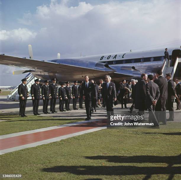 Prince Philip, the Duke of Edinburgh returns to the UK after his solo tour of South America, 6th April 1962.