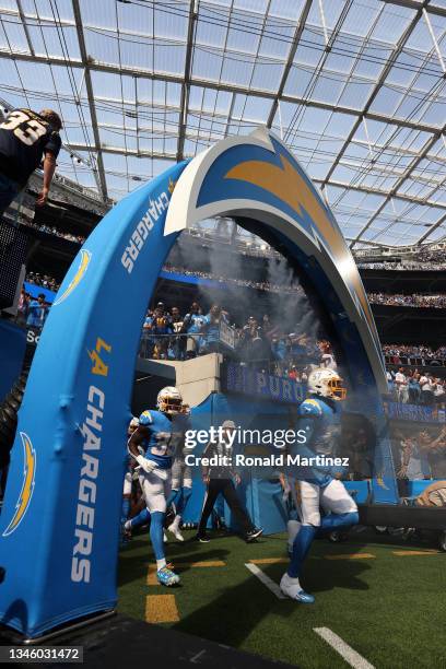 Amen Ogbongbemiga of the Los Angeles Chargers at SoFi Stadium on October 10, 2021 in Inglewood, California.