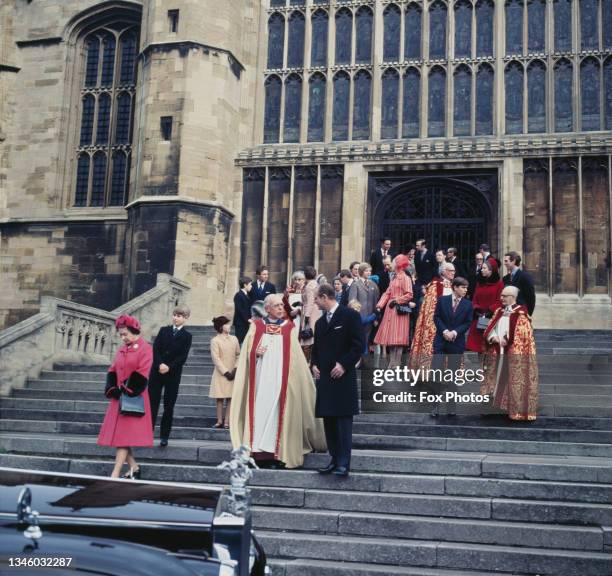 The royal family on the steps of St George's Chapel in Windsor, after attending a Christmas Day service, UK, 25th December 1975. Among them are Queen...