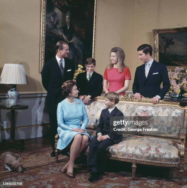 Queen Elizabeth II and Prince Philip, the Duke of Edinburgh with their children Charles, Anne, Andrew and Edward at Buckingham Palace in London on...