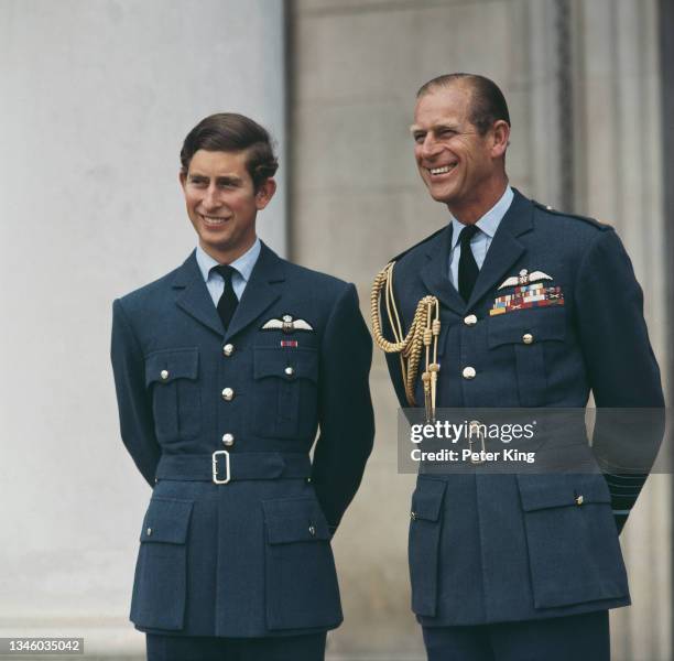 Prince Charles, the Prince of Wales, receives his wings at RAF Cranwell in Lincolnshire, UK, 20th August 1971. On the right is his father, the Duke...