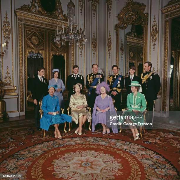 Royal family group at Buckingham Palace in London, UK, 15th July 1980. From left to right Viscount Linley, Lady Sarah Armstrong-Jones, Prince Andrew,...