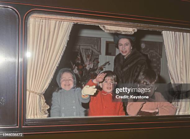 Queen Elizabeth II leaves Liverpool Street Station in London for Sandringham in Norfolk with her son Prince Edward , niece Sarah Armstrong-Jones and...
