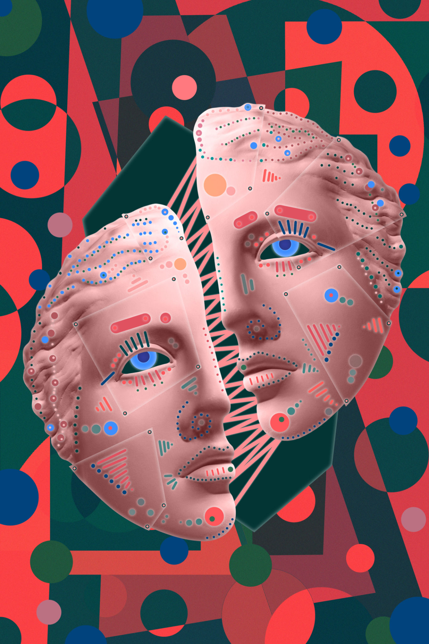 Collage with sculpture of human face in a pop art style. Modern creative concept image with ancient statue head. Zine culture. Contemporary art poster. Funky punk minimalism. Crypto art design. Collage with sculpture of human face in a pop art style. Modern creative concept image with ancient statue head. Zine culture. Contemporary art poster. Funky punk minimalism. Crypto art design.