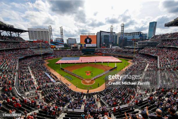 General view during the national anthem in game 3 of the National League Division Series between the Atlanta Braves and the Milwaukee Brewers at...