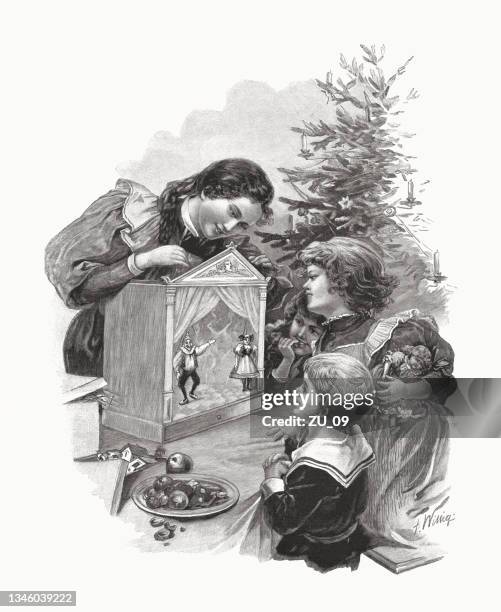 ilustraciones, imágenes clip art, dibujos animados e iconos de stock de un regalo de navidad, grabado en madera, publicado en 1897 - puppet