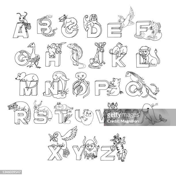 zoo alphabet with animals doodles set - ant stock illustrations